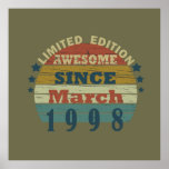 born in march 1998 vintage birthday poster<br><div class="desc">You can add some originality to your wardrobe with this original 1998 vintage sunset retro-looking birthday design with awesome colors and typography font lettering, is a great gift idea for men, women, husband, wife girlfriend, and a boyfriend who will love this one-of-a-kind artwork. The best amazing and funny holiday present...</div>