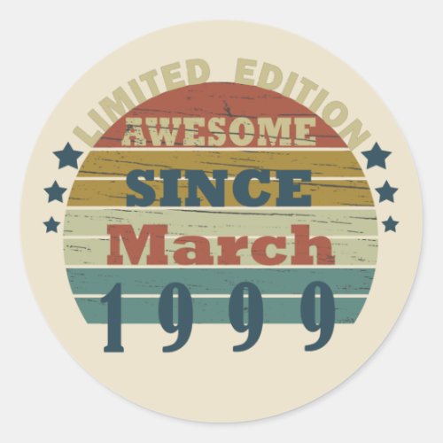 born in march 1999 vintage birthday classic round sticker