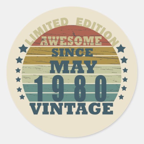 Born in may 1980 vintage birthday classic round sticker