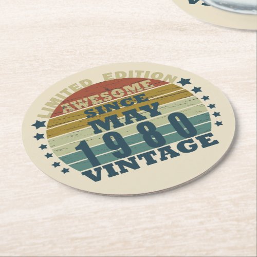 Born in may 1980 vintage birthday round paper coaster