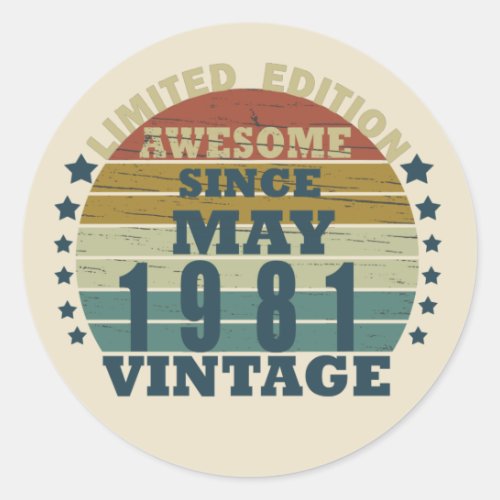 Born in may 1981 vintage birthday classic round sticker
