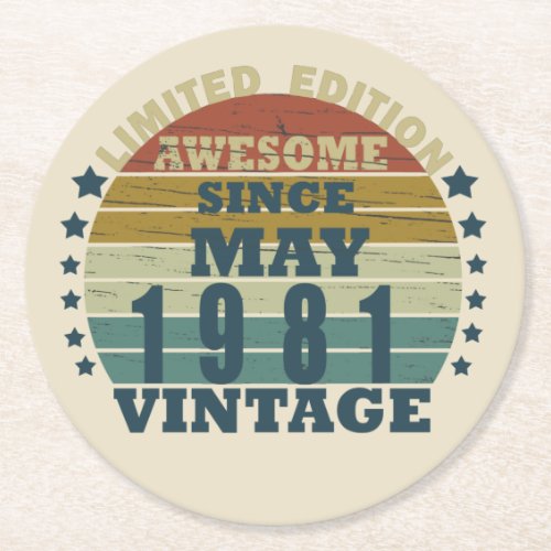 Born in may 1981 vintage birthday round paper coaster