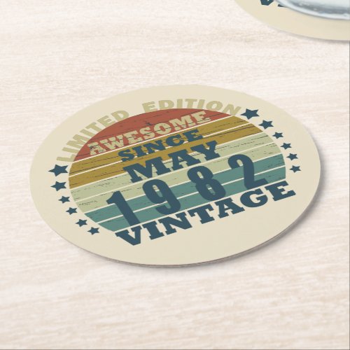 Born in may 1982 vintage birthday round paper coaster