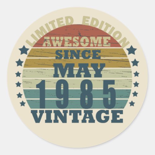 born in may 1985 vintage birthday classic round sticker