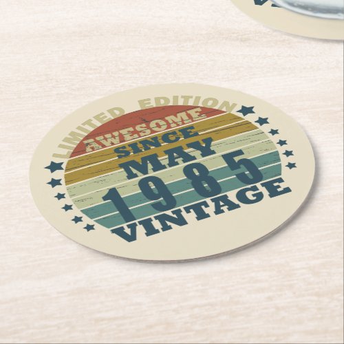 born in may 1985 vintage birthday round paper coaster
