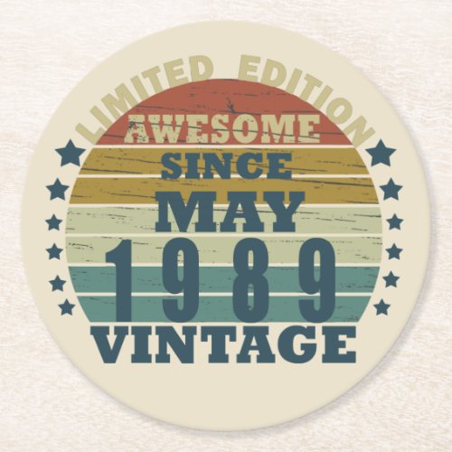 born in may 1989 vintage birthday round paper coaster