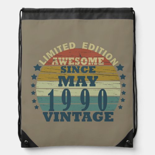 born in may 1990 vintage birthday drawstring bag