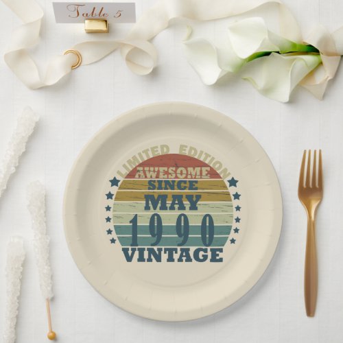 born in may 1990 vintage birthday paper plates
