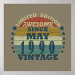 born in may 1990 vintage birthday poster<br><div class="desc">You can add some originality to your wardrobe with this original 1990 vintage sunset retro-looking birthday design with awesome colors and typography font lettering, is a great gift idea for men, women, husband, wife girlfriend, and a boyfriend who will love this one-of-a-kind artwork. The best amazing and funny holiday present...</div>