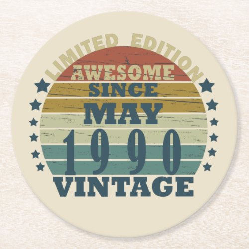 born in may 1990 vintage birthday round paper coaster