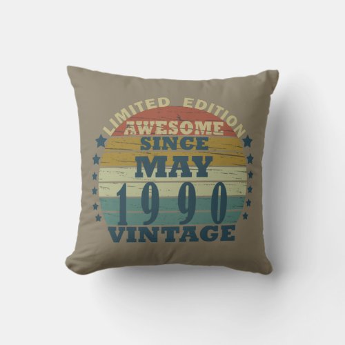 born in may 1990 vintage birthday throw pillow