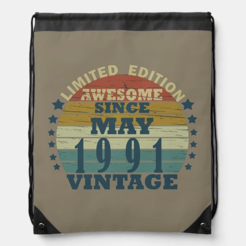 born in may 1991 vintage birthday drawstring bag
