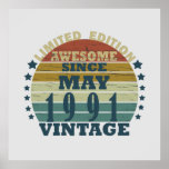 born in may 1991 vintage birthday poster<br><div class="desc">You can add some originality to your wardrobe with this original 1991 vintage sunset retro-looking birthday design with awesome colors and typography font lettering, is a great gift idea for men, women, husband, wife girlfriend, and a boyfriend who will love this one-of-a-kind artwork. The best amazing and funny holiday present...</div>