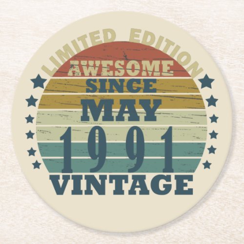 born in may 1991 vintage birthday round paper coaster