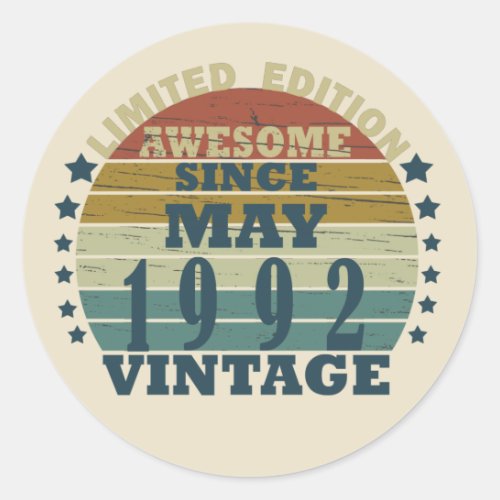 Born in may 1992 vintage birthday classic round sticker