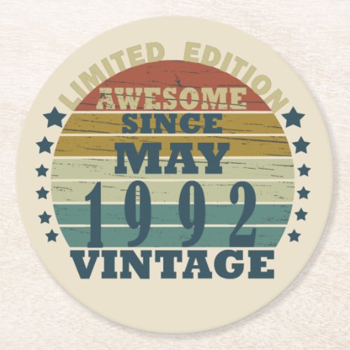 Born in may 1992 vintage birthday round paper coaster