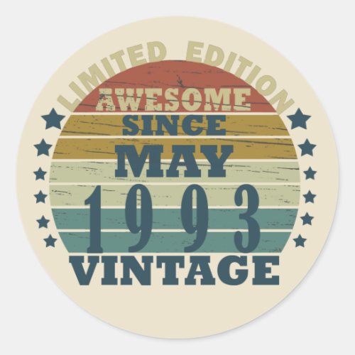 Born in may 1993 vintage birthday classic round sticker