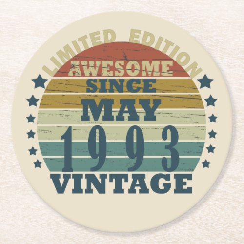 Born in may 1993 vintage birthday round paper coaster