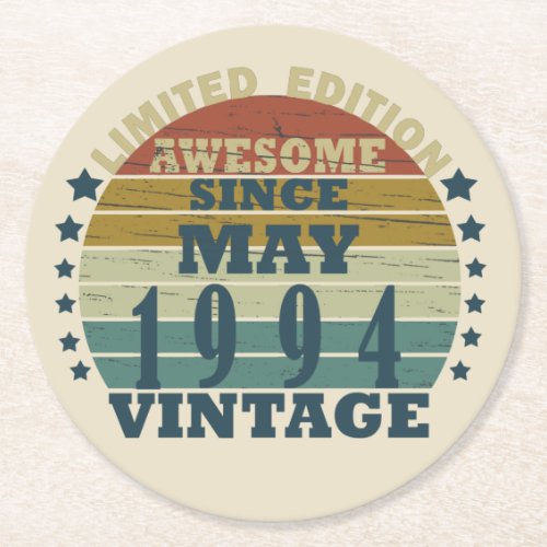 Born in may 1994 vintage birthday round paper coaster