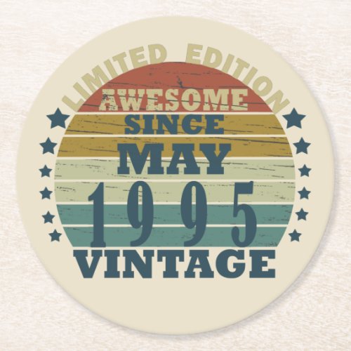 Born in may 1995 vintage birthday round paper coaster