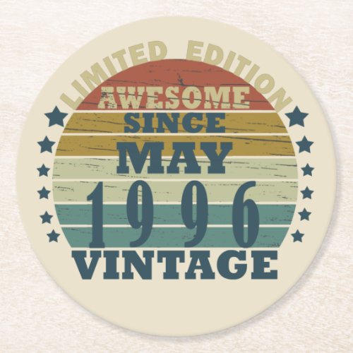 Born in may 1996 vintage birthday round paper coaster