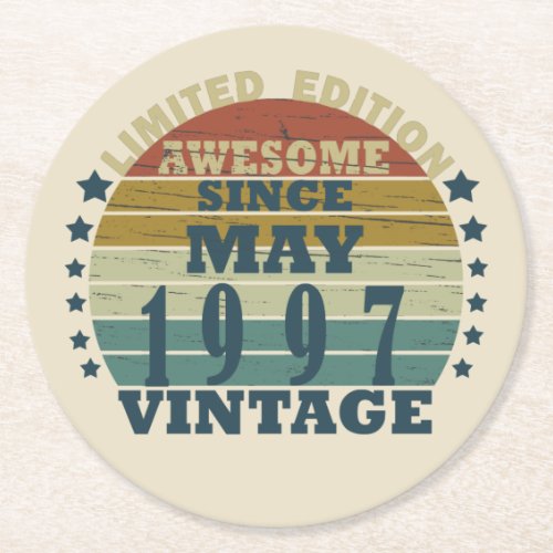 Born in may 1997 vintage birthday round paper coaster