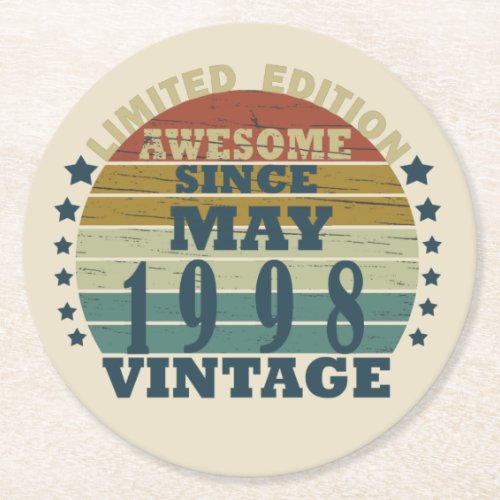Born in may 1998 vintage birthday round paper coaster