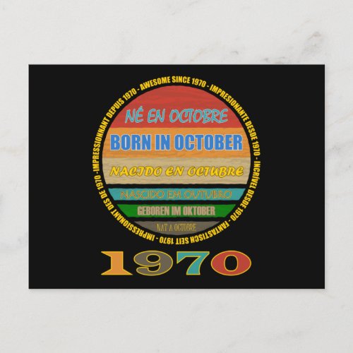 Born In October Awesome Since 1970 Many Languages Postcard