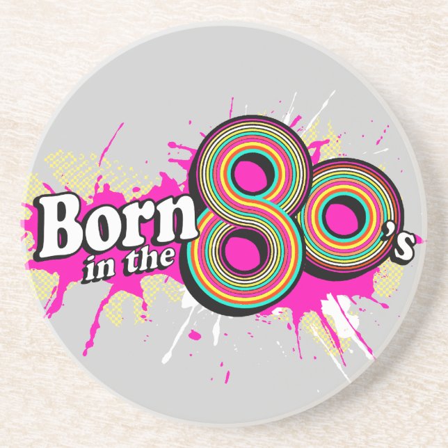 Born in the 80's pink gray graphic  drink coaster (Front)