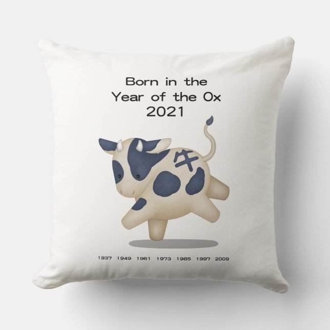 Born in the Year of the Ox Chinese Zodiac Sign Throw Pillow (Front)