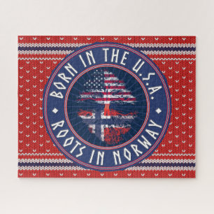 "Born in USA · Roots in Norway" Blue with Sweater Jigsaw Puzzle