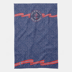 "Born in USA · Roots in Norway" in Blue and Ribbon Kitchen Towel