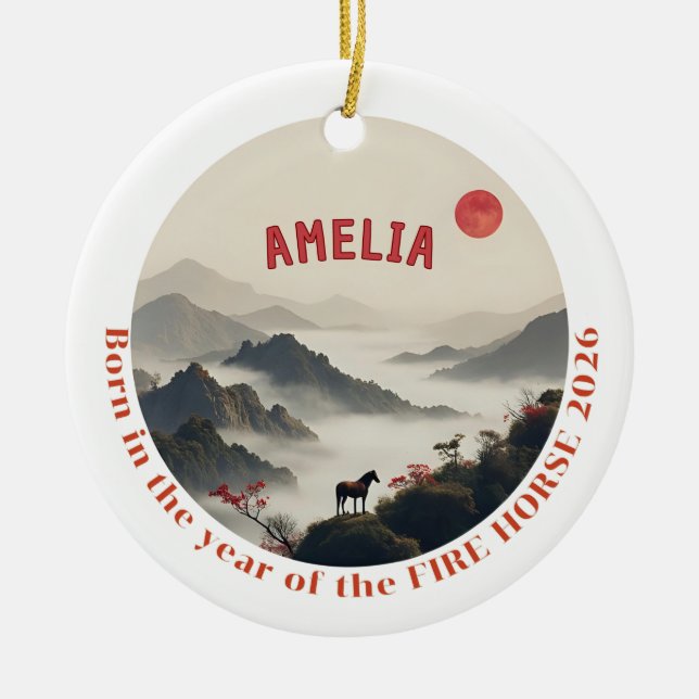Born in Year of the Horse 2026 Chinese Mountain  Ceramic Ornament (Front)