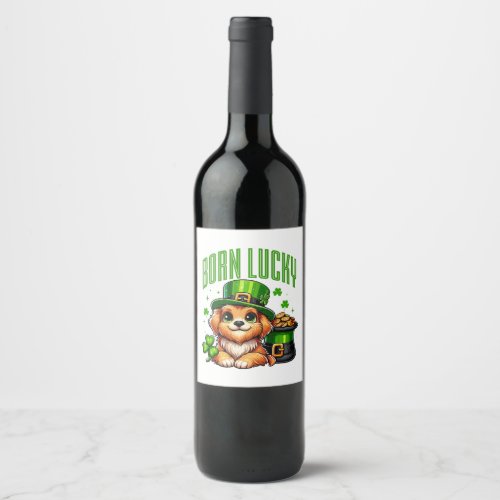 Born Lucky  kawaii dog Wine Label