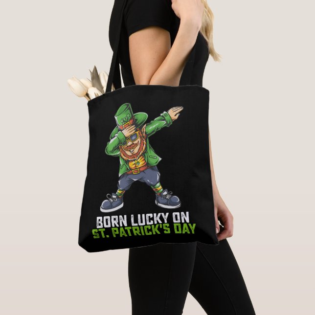 Born Lucky On St Patrick's Day Dabbing Birthday Tote Bag (Close Up)