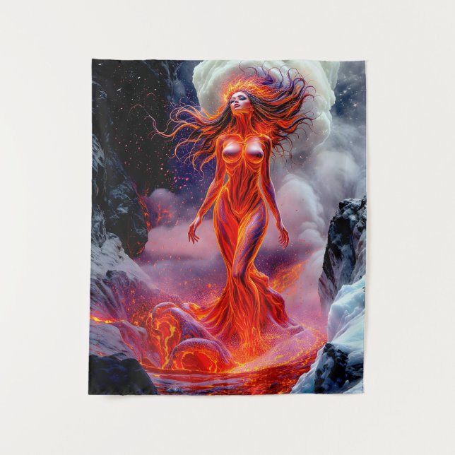 “Born of the Inferno” – Volcanic Woman Portrait Tapestry (Front)