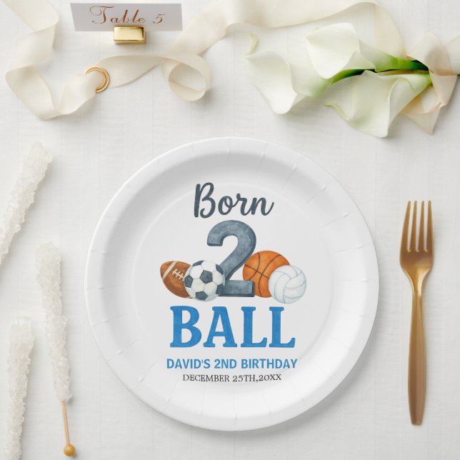 Born To Ball Sports Second Birthday  Paper Plates (Wedding)