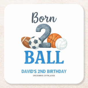 Born To Ball Sports Second Birthday Square Paper Coaster