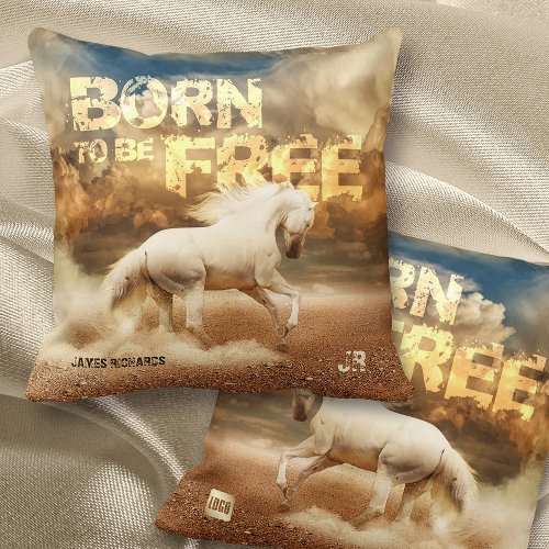 Born to be Free Running White Horse in Desert _ Throw Pillow
