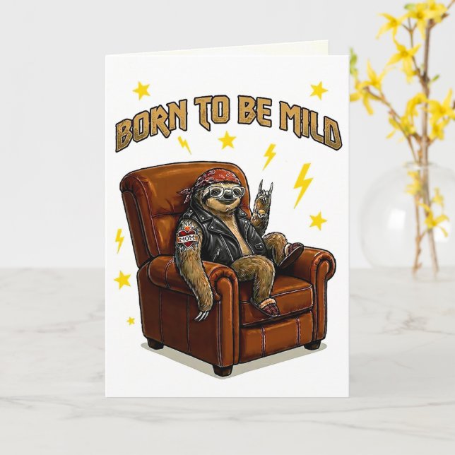Born to Be Mild – Funny Sloth Biker Birthday Card (Yellow Flower)