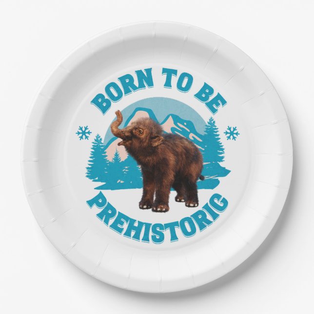 Born to Be Prehistoric Woolly Mammoth Baby Paper Plates (Front)