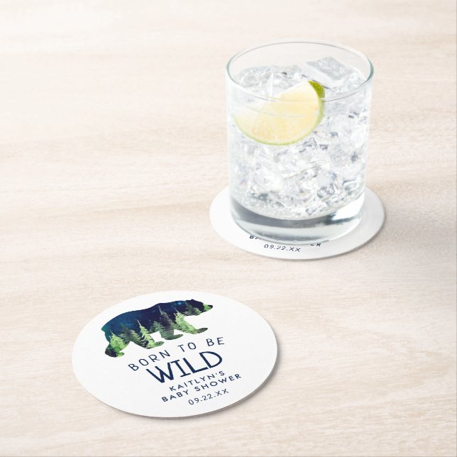Born To Be Wild Baby Shower Round Paper Coaster (Insitu)