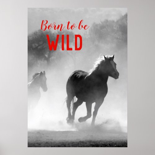 Born to be Wild Black  White Running Horses Poster