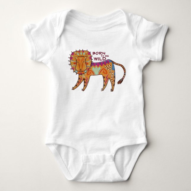 "Born to be Wild" Folk Art Lion Baby Bodysuit (Front)