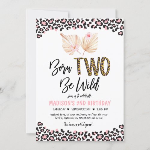 Born To Be Wild Leopard Print Pink Gold Birthday Invitation