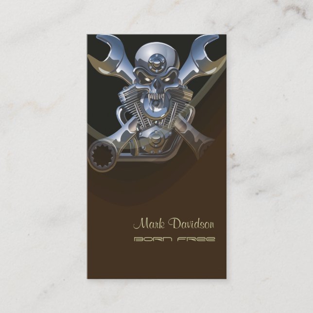 Born to be wild, Motorcycle wrench + skull Business Card (Front)