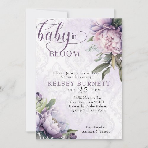 Born to Bloom purple floral Baby Shower Invitation