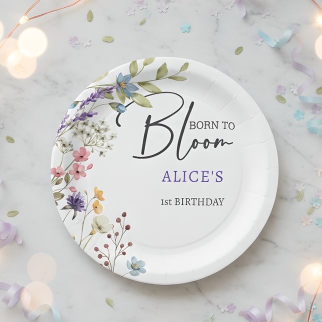 Born to bloom wild flowers kids birthday paper plates (Creator Uploaded)