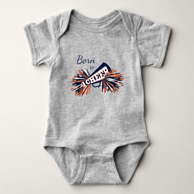 Born to Cheer - Navy Blue, Orange and White Baby Bodysuit (Front)