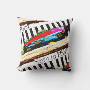 Born to fish,  colorful fisherman's pattern outdoor pillow
